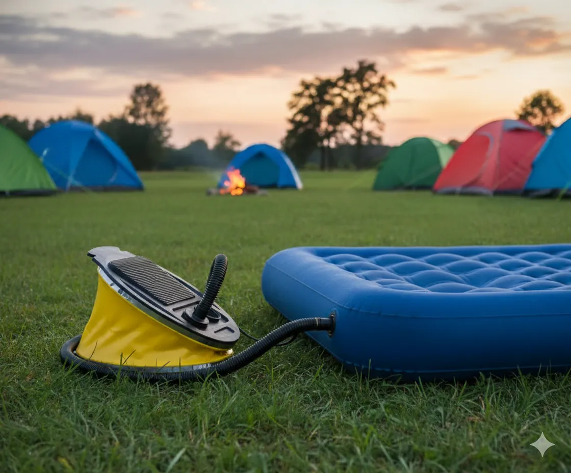 A person inflating a blue airbed with a manual foot pump.
